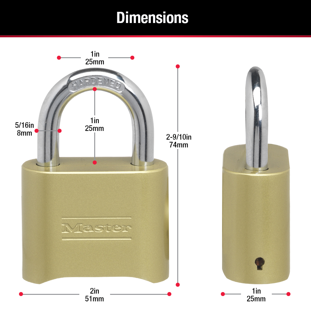 The Master Lock 175D Resettable Brass Combination Lock by Master Lock features a 2 in wide by 1 in thick body, is 2-9/10 in tall, with a 5/16 in shackle diameter and 1 in shackle opening. Two views shown: front and side.