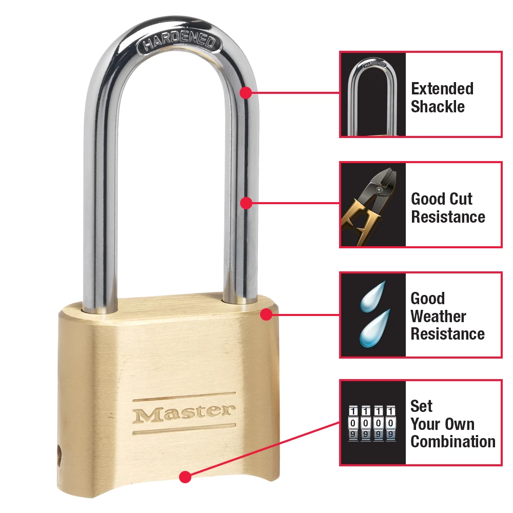 The Master Lock 175DLH is a brass padlock with a 2-1/4 in. long, hardened shackle, resettable combination, and strong cut and weather resistance—features highlighted with matching icons.