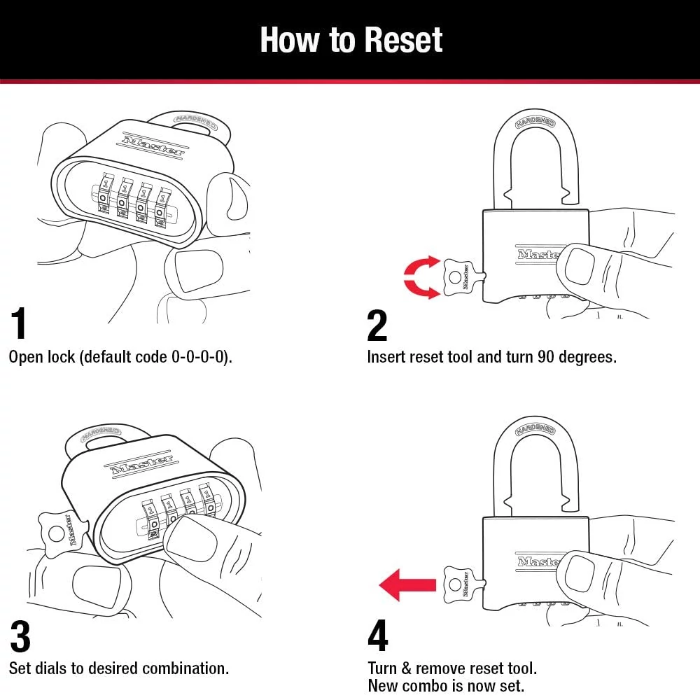 Step-by-step guide for resetting your Master Lock 175DLH 2-1/4 in. Long Shackle Brass Combination Padlock: open with default code, insert and turn reset tool, set new combo, then remove tool to save your code.