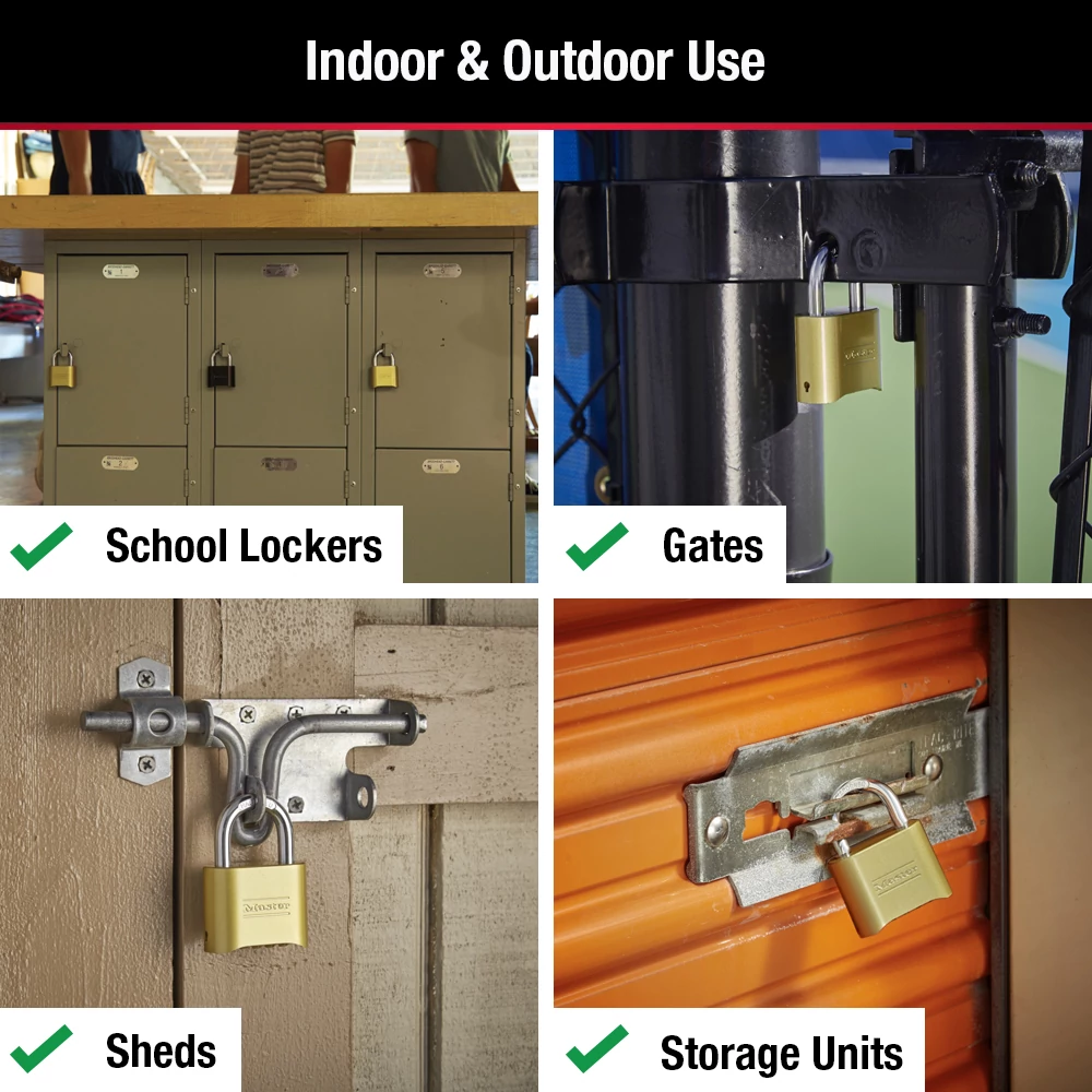 A collage features the MASTER LOCK 175DLH Brass Padlock by Master Lock securing school lockers, a metal gate, a shed door, and an orange storage unit. Text at the top reads "Indoor & Outdoor Use" with labels for each lock location.