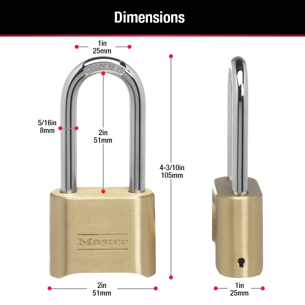 An illustration of the Master Lock 175DLH Resettable Combination Brass Padlock, 2 in. wide and tall body, 2-1/4 in. long shackle (1 in. wide), total height 4-3/10 in. Brand: Master Lock.