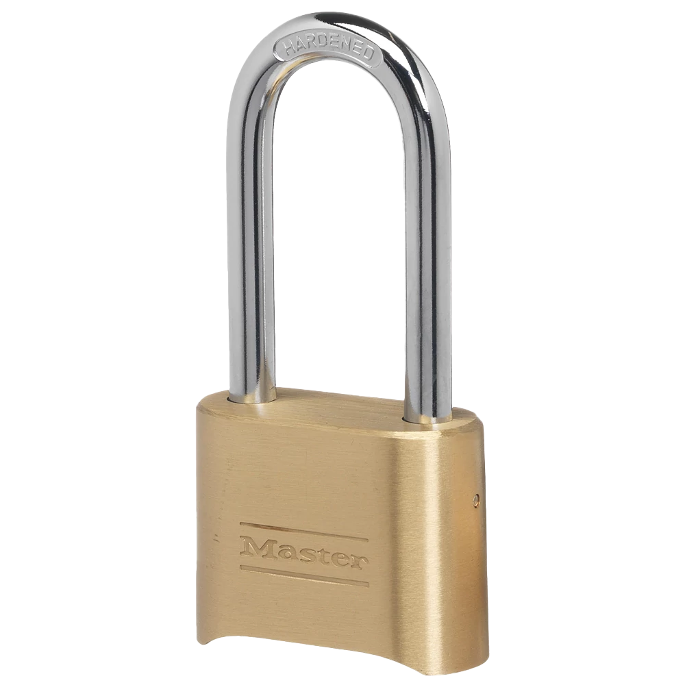 The MASTER LOCK 175DLH 2-1/4 in. Long Shackle Resettable Combination Brass Padlock by Master Lock is shown with a brass body and silver shackle, set against a plain white background.