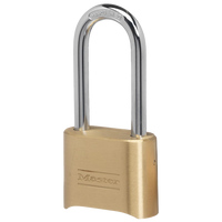 The MASTER LOCK 175DLH 2-1/4 in. Long Shackle Resettable Combination Brass Padlock by Master Lock is shown with a brass body and silver shackle, set against a plain white background.