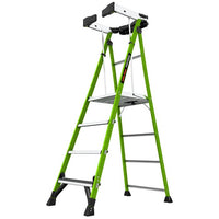 The LITTLE GIANT 19304 Fortress IAA 4 fiberglass platform ladder has four steps, wraparound safety handrails with black padding, a standing platform, and non-slip feet for stability—ideal for contractors.