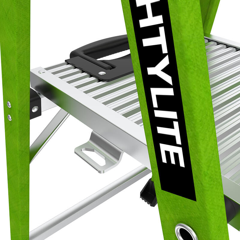 A close-up of the LITTLE GIANT 15394-001 MightyLite IA 4 ft. fiberglass stepladder shows its textured metal platform, black handle, and “LITE” branding, emphasizing sturdy construction and a 300 lb. load capacity.