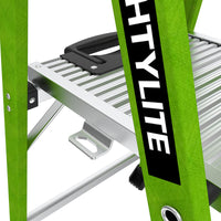 A close-up of the LITTLE GIANT 15394-001 MightyLite IA 4 ft. fiberglass stepladder shows its textured metal platform, black handle, and “LITE” branding, emphasizing sturdy construction and a 300 lb. load capacity.