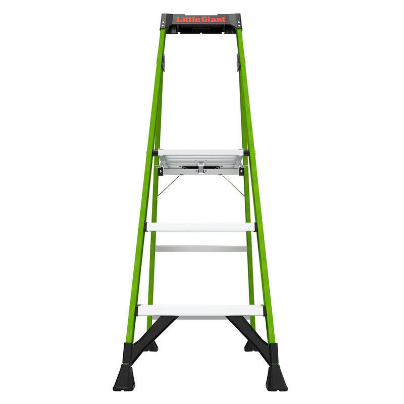A green and black LITTLE GIANT 15395-001 MightyLite IA 5 ft. fiberglass stepladder, rated for 300 lbs, with three silver steps stands upright on a white background, viewed from the front.