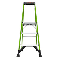 A green and black LITTLE GIANT 15395-001 MightyLite IA 5 ft. fiberglass stepladder, rated for 300 lbs, with three silver steps stands upright on a white background, viewed from the front.