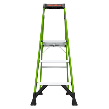 A green and black LITTLE GIANT 15395-001 MightyLite IA 5 ft. fiberglass stepladder, rated for 300 lbs, with three silver steps stands upright on a white background, viewed from the front.