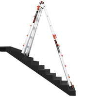 A LITTLE GIANT 15422-001 Velocity IA 7 ft. - 19 ft. Aluminum Articulated Extension Ladder is set up on stairs, with each side on different steps, showcasing its adjustable Type IA design for uneven surfaces.