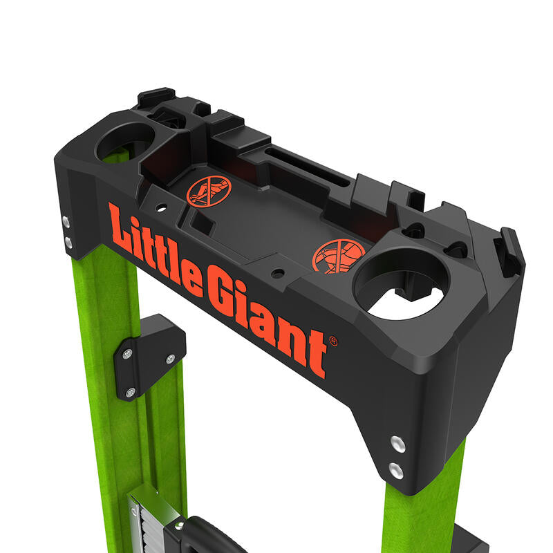 Close-up of the top of a LITTLE GIANT 15395-001 MightyLite IA 5 ft. Fiberglass Stepladder, featuring a black tool tray with cup holders and tool slots. The lightweight ladder displays the LITTLE GIANT brand name in large orange letters on the front.