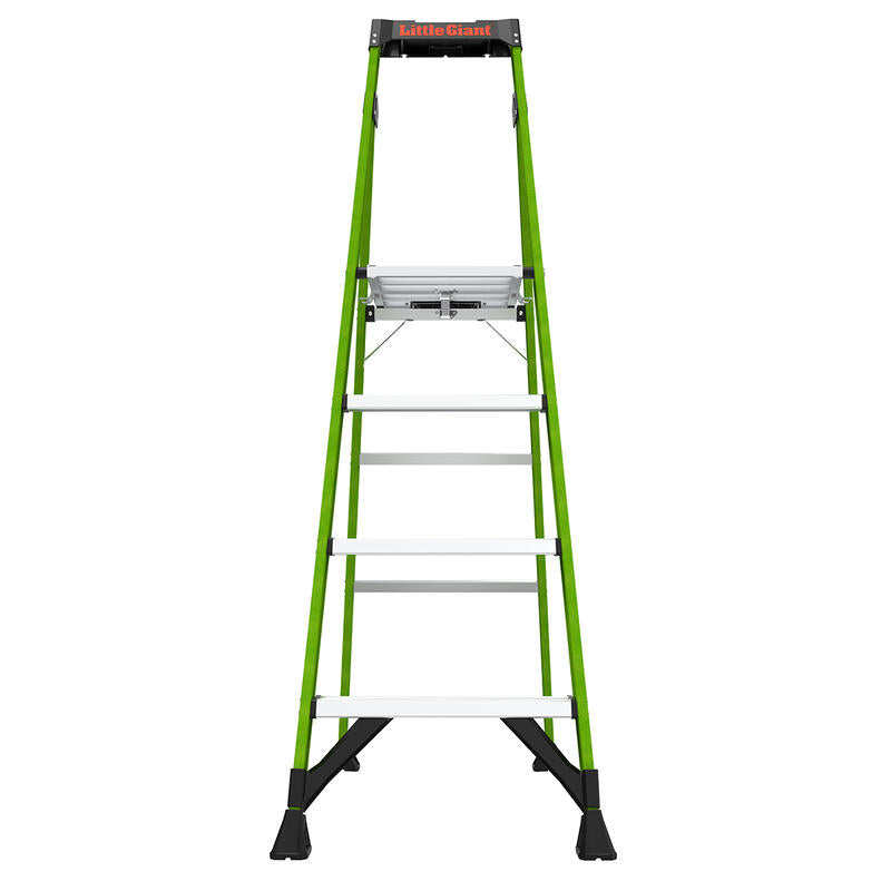 The LITTLE GIANT 15396-001 MightyLite IA is a green and black 6 ft. fiberglass stepladder with four white steps, rated for 300 lbs. The ladder stands upright on a white background, displaying the LITTLE GIANT brand label.