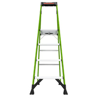 The LITTLE GIANT 15396-001 MightyLite IA is a green and black 6 ft. fiberglass stepladder with four white steps, rated for 300 lbs. The ladder stands upright on a white background, displaying the LITTLE GIANT brand label.