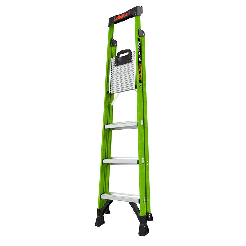 The LITTLE GIANT 15396-001 MightyLite IA is a 6 ft green fiberglass stepladder with four wide steps, a black top handle, sturdy black and silver feet, and a 300 lb load capacity.