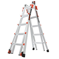 The LITTLE GIANT 15422-001 Velocity IA 7 ft. - 19 ft. Aluminum Articulated Extension Ladder features orange safety locks, black rubber feet, and extendable A-frame sections for multiple positions.