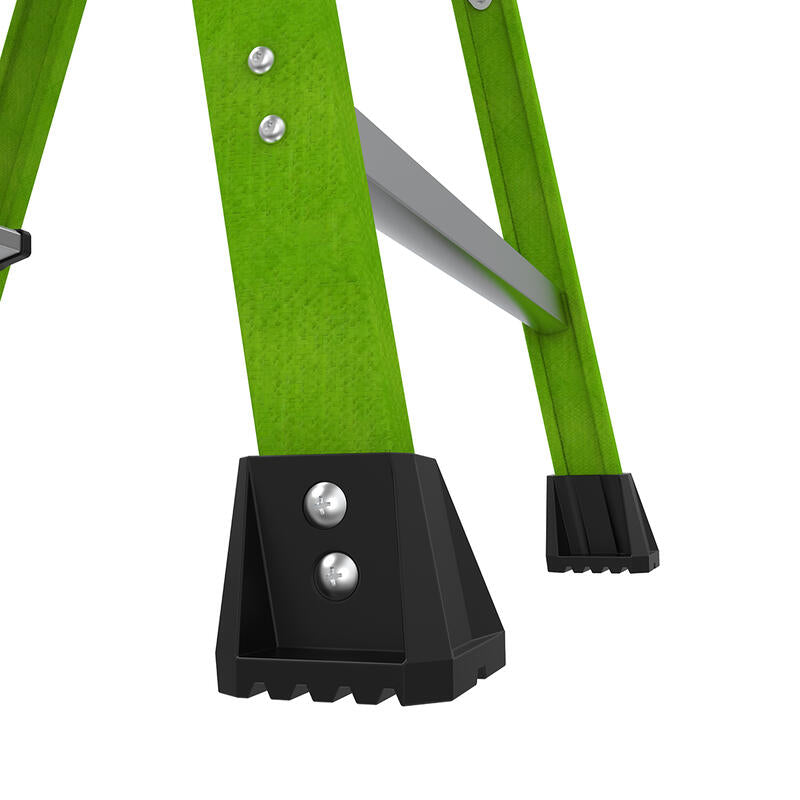 Close-up of the LITTLE GIANT 15394-001 MightyLite IA 4 ft. fiberglass stepladder’s legs, featuring black non-slip rubber feet and metal bolts; this sturdy ladder supports up to 300 lb. load capacity.