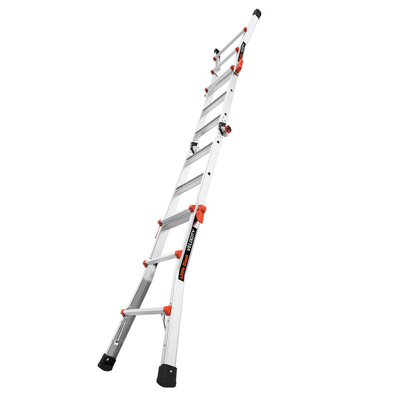 The LITTLE GIANT 15413-001 Velocity IA aluminum articulated extension ladder (3 ft.–11 ft.) stands upright at an angle, featuring silver finish, black rubber feet, and orange adjustment locks on a white background.