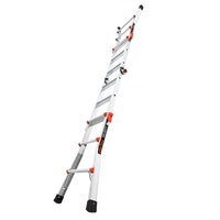The LITTLE GIANT 15413-001 Velocity IA aluminum articulated extension ladder (3 ft.–11 ft.) stands upright at an angle, featuring silver finish, black rubber feet, and orange adjustment locks on a white background.