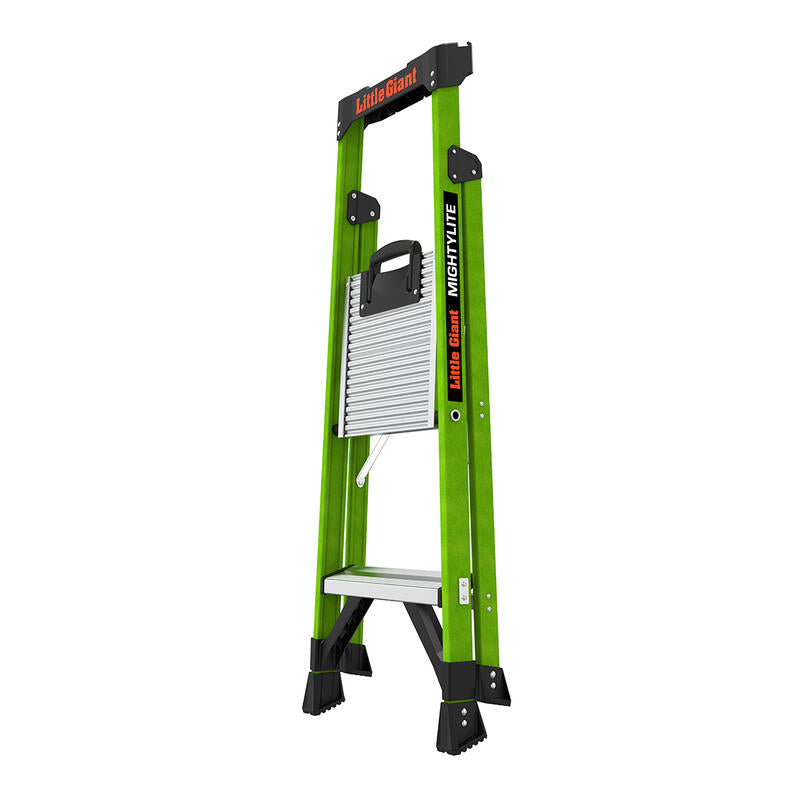 The LITTLE GIANT 15394-001 MightyLite IA 4 ft. fiberglass stepladder (300 lb. capacity) is shown upright, folded for storage, with black feet, a gray step, and a convenient carry handle.