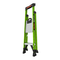 The LITTLE GIANT 15394-001 MightyLite IA 4 ft. fiberglass stepladder (300 lb. capacity) is shown upright, folded for storage, with black feet, a gray step, and a convenient carry handle.
