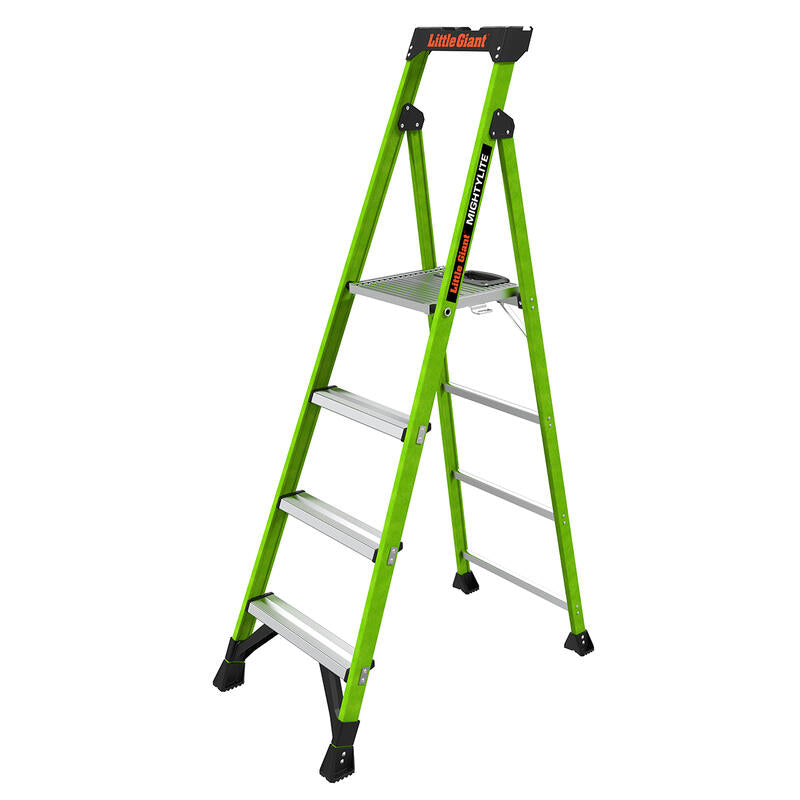 The LITTLE GIANT 15396-001 MightyLite IA 6 ft. Fiberglass Stepladder features four wide steps, rubber-capped feet, a top platform, black supports, and a 300 lb load capacity; it's open and ready for use.
