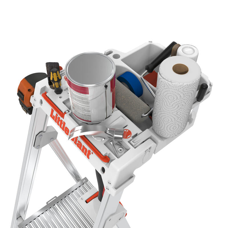 A close-up of the LITTLE GIANT 15165-001 Paint Pro IAA 5 ft. Aluminum Stepladder shows a paint can, brush, paper towels, pliers, tape, and more neatly arranged in its built-in tool tray.