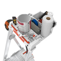 A close-up of the LITTLE GIANT 15165-001 Paint Pro IAA 5 ft. Aluminum Stepladder shows a paint can, brush, paper towels, pliers, tape, and more neatly arranged in its built-in tool tray.