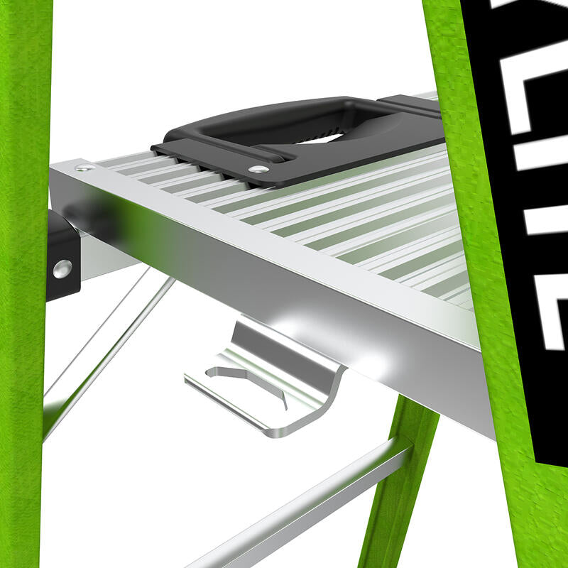 Close-up of the metallic platform on a LITTLE GIANT 15395-001 MightyLite IA 5 ft., 300 lb. fiberglass stepladder, showing its handle, hook underneath, and part of the black-and-white LITTLE GIANT label on the side.