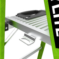 Close-up of the metallic platform on a LITTLE GIANT 15395-001 MightyLite IA 5 ft., 300 lb. fiberglass stepladder, showing its handle, hook underneath, and part of the black-and-white LITTLE GIANT label on the side.