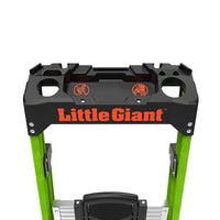Close-up of the top section of a LITTLE GIANT 15396-001 MightyLite IA 6 ft. fiberglass stepladder, featuring a black tool tray with orange LITTLE GIANT text, circular slots, warning labels, and a 300 lb load capacity.