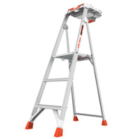 The LITTLE GIANT 15165-001 Paint Pro IAA 5 ft. aluminum stepladder features four steps, a platform, and an integrated tool tray. Its sturdy white and orange design offers stability for painting tasks and compact storage.