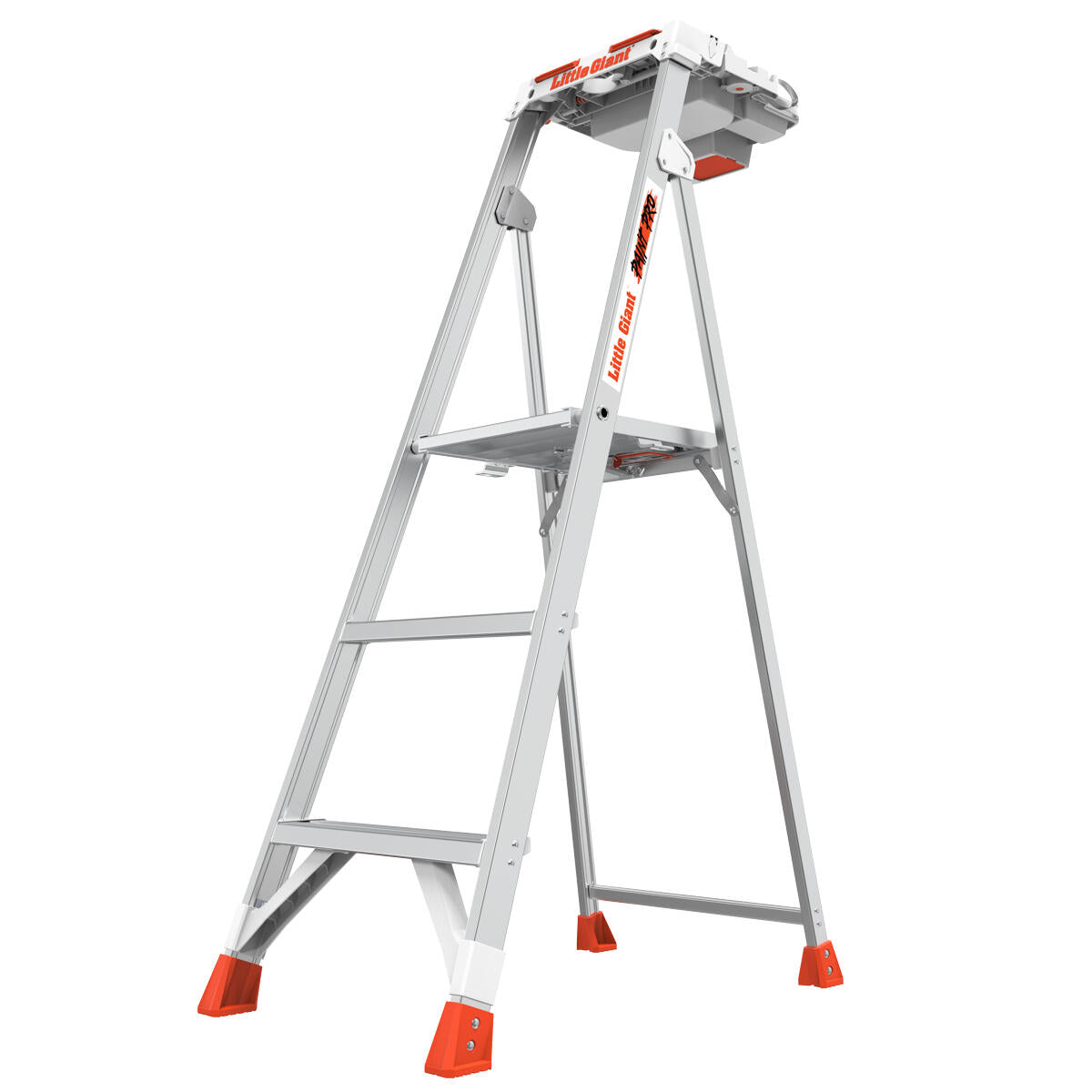 The LITTLE GIANT 15165-001 Paint Pro IAA 5 ft. aluminum stepladder features four steps, a platform, and an integrated tool tray. Its sturdy white and orange design offers stability for painting tasks and compact storage.