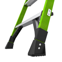 Close-up of the LITTLE GIANT 15398-001 MightyLite IA 8 ft. 300 lb. fiberglass stepladder, showcasing its sturdy black feet and durable frame for enhanced stability and support.