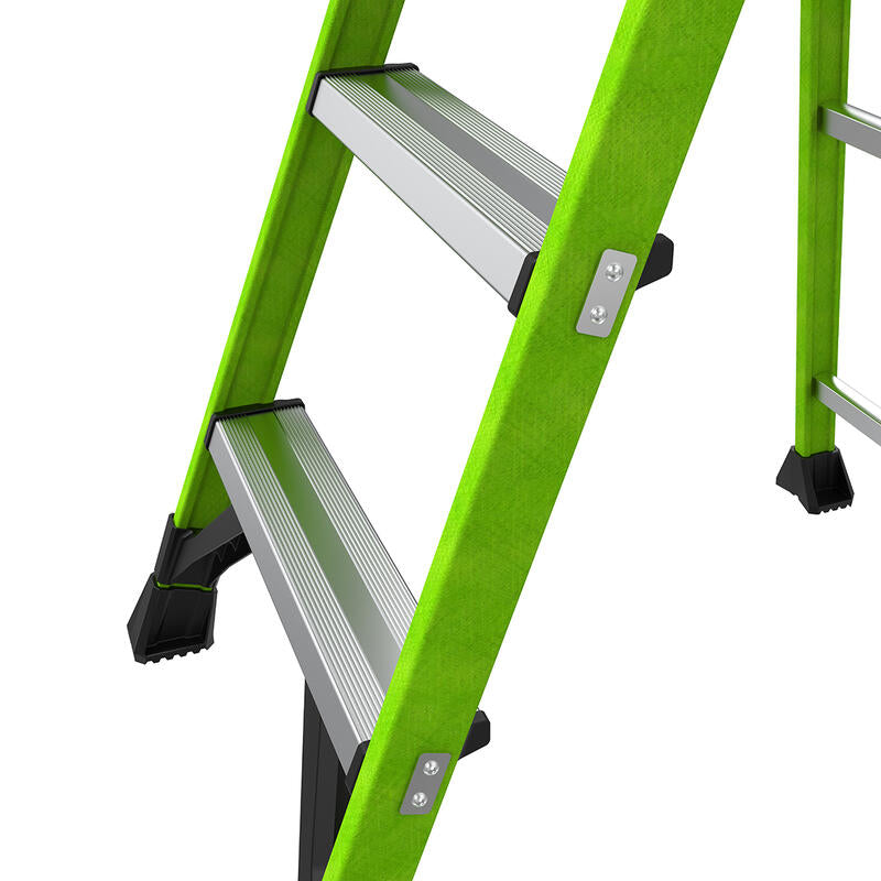 Close-up of the LITTLE GIANT 15395-001 MightyLite IA 5 ft. Fiberglass Stepladder featuring two silver, textured steps and black rubber feet for stability and slip resistance; supports up to 300 lbs.