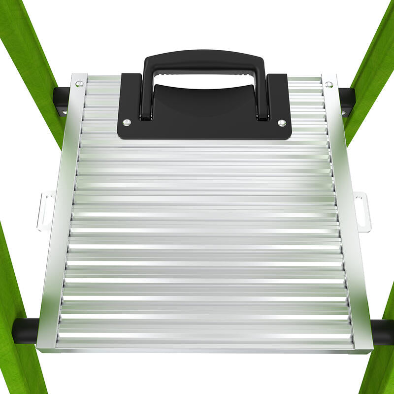 Close-up of a LITTLE GIANT 15398-001 MightyLite IA 8 ft. 300 lb. Fiberglass Stepladder, showing the black handle and green rails from above on a white background.