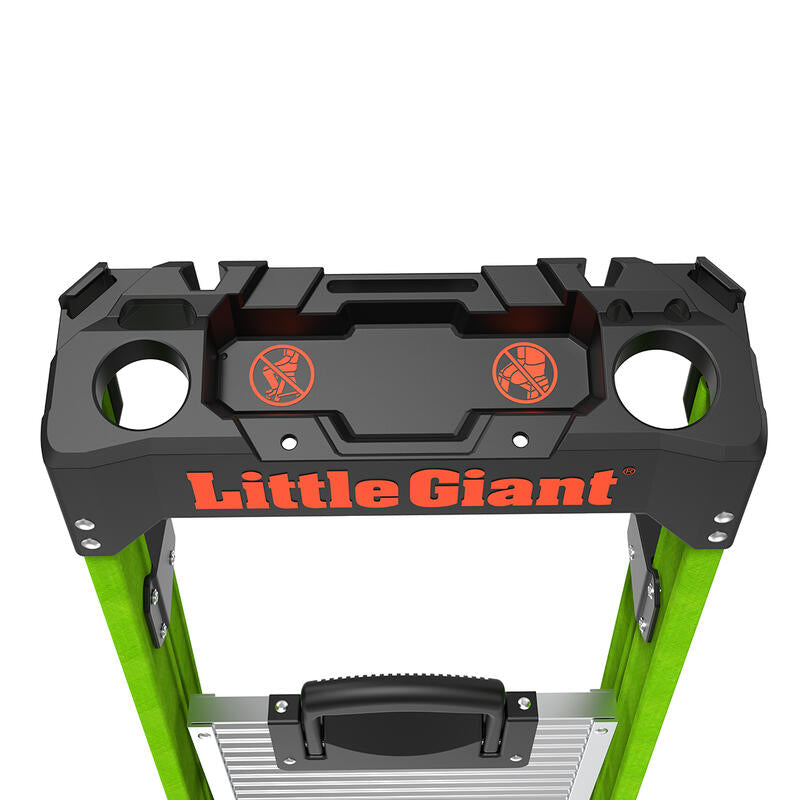 Top view of the LITTLE GIANT 15394-001 MightyLite IA 4 ft. fiberglass stepladder, 300 lb. capacity, with a black tool tray featuring cup holders and two orange no bucket symbols; branded LITTLE GIANT in orange letters.