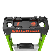 Top view of the LITTLE GIANT 15394-001 MightyLite IA 4 ft. fiberglass stepladder, 300 lb. capacity, with a black tool tray featuring cup holders and two orange no bucket symbols; branded LITTLE GIANT in orange letters.