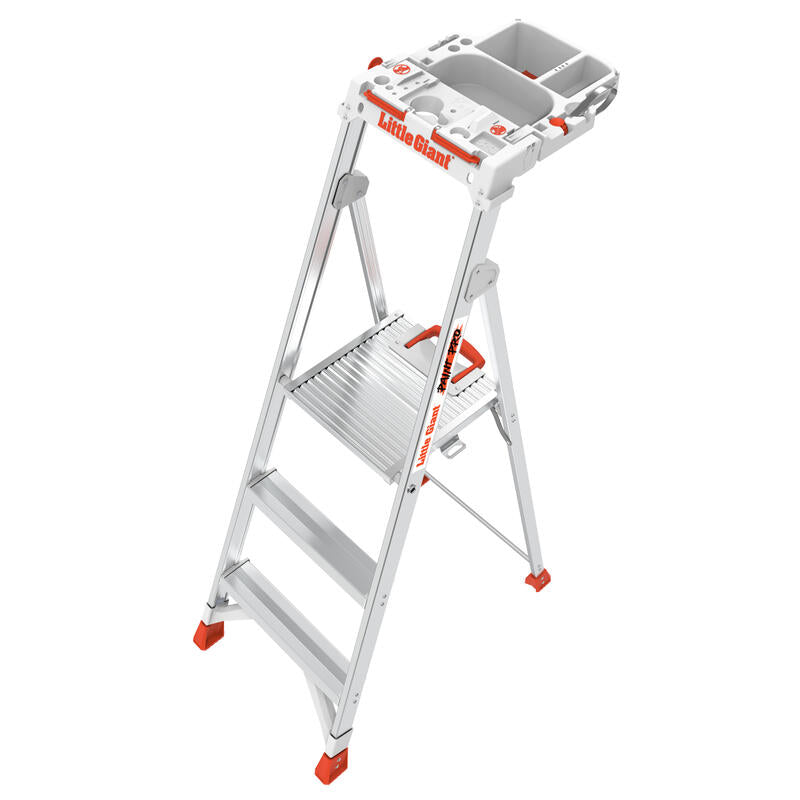 The LITTLE GIANT 15165-001 Paint Pro IAA 5 ft. aluminum stepladder features three wide steps, a tool tray, and durable red accents—ideal for painting or household tasks.