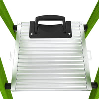 Close-up of the LITTLE GIANT 15396-001 MightyLite IA 6 ft. fiberglass stepladder, folded with a black handle and green side rails, highlighting its 300 lb rating, against a white background.