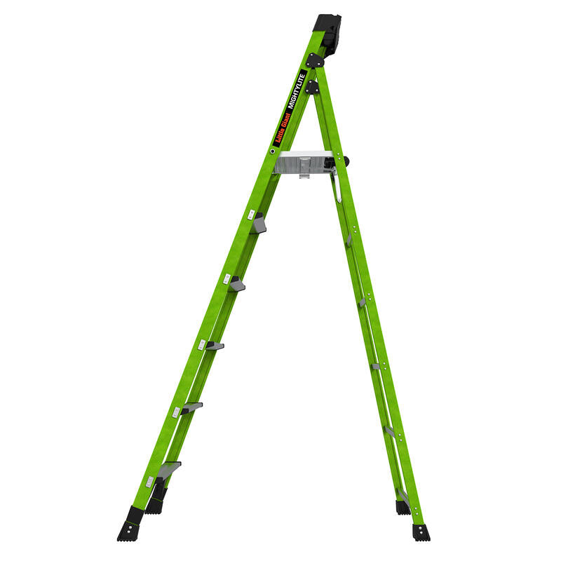 The LITTLE GIANT 15398-001 MightyLite IA is an 8 ft, bright green fiberglass stepladder with four steps, black non-slip feet, a small tool tray near the top, and a 300 lb. capacity. It stands open on a white background.