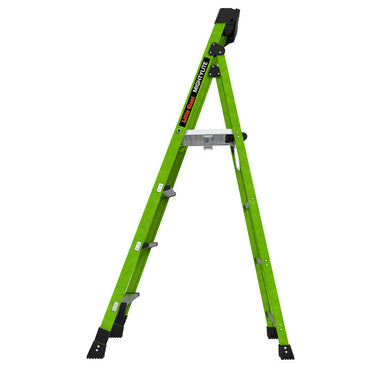 The LITTLE GIANT 15396-001 MightyLite IA is a 6 ft fiberglass stepladder with black feet and multiple steps, rated for 300 lbs, shown open in an A-frame position on a white background.