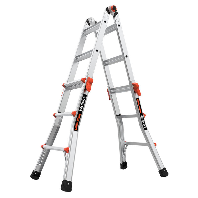 A silver LITTLE GIANT 15413-001 Velocity IA aluminum articulated extension ladder (3–11 ft.) with black feet and orange locks, shown in A-frame configuration, features LITTLE GIANT branding on each side.