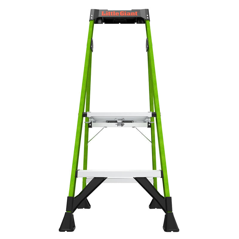 The LITTLE GIANT 15394-001 MightyLite IA is a green and black 4 ft. fiberglass stepladder with two wide steps, sturdy feet, and a 300 lb. load capacity, shown from the front against a white background.