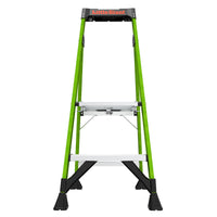 The LITTLE GIANT 15394-001 MightyLite IA is a green and black 4 ft. fiberglass stepladder with two wide steps, sturdy feet, and a 300 lb. load capacity, shown from the front against a white background.
