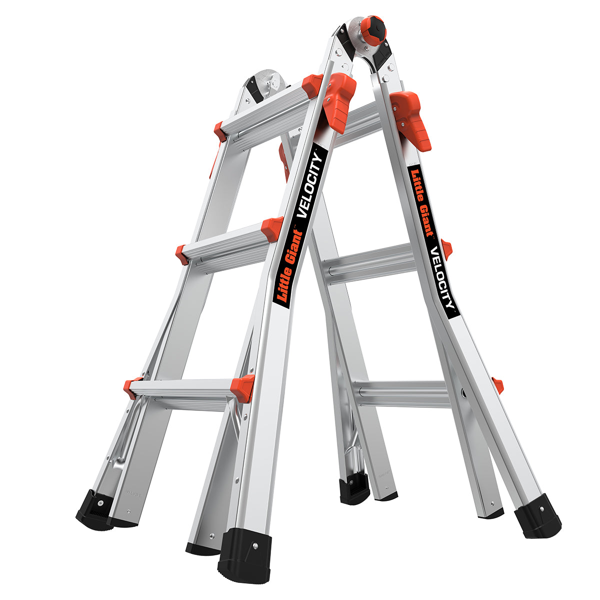 The LITTLE GIANT 15413-001 Velocity IA is a silver aluminum articulated extension ladder, adjustable from 3 ft. to 11 ft., shown in an A-frame setup. This heavy-duty ladder offers versatile, multi-position use for various tasks.