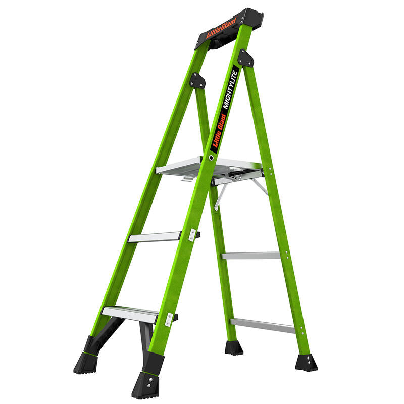 The LITTLE GIANT 15395-001 MightyLite IA 5 ft. fiberglass stepladder, shown open on a white background, features wide steps, angled legs for stability, and supports up to 300 lbs.