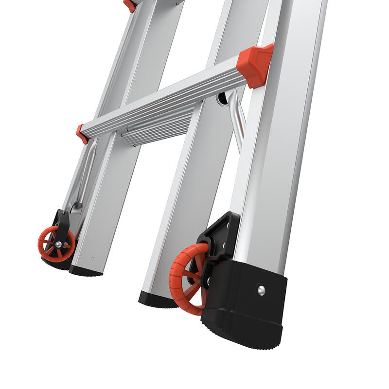 Close-up of the base of the LITTLE GIANT 15413-001 Velocity IA 3-11 ft. Aluminum Articulated Extension Ladder, featuring red accents and orange wheels for easy transport and stability.