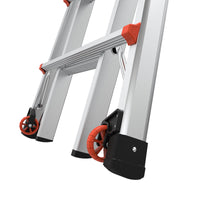 Close-up of the base of the LITTLE GIANT 15413-001 Velocity IA 3-11 ft. Aluminum Articulated Extension Ladder, featuring red accents and orange wheels for easy transport and stability.