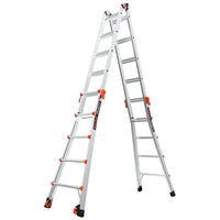 The LITTLE GIANT 15422-001 Velocity IA is a 7–19 ft. aluminum articulated extension ladder with orange hinges, safety locks, wheels for easy transport, and can be used in multiple configurations such as A-frame.
