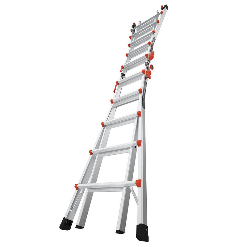 The LITTLE GIANT 15422-001 Velocity IA 7-19 ft. aluminum articulated extension ladder features black rubber feet and red locks, upright and extended against a white background; ideal for heavy-duty Type IA use.